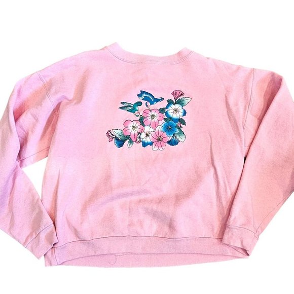 Vintage 80s Pink Crewneck Grannycore Sweatshirt Hummingbirds‎ Flowers M/L USA - Picture 4 of 10